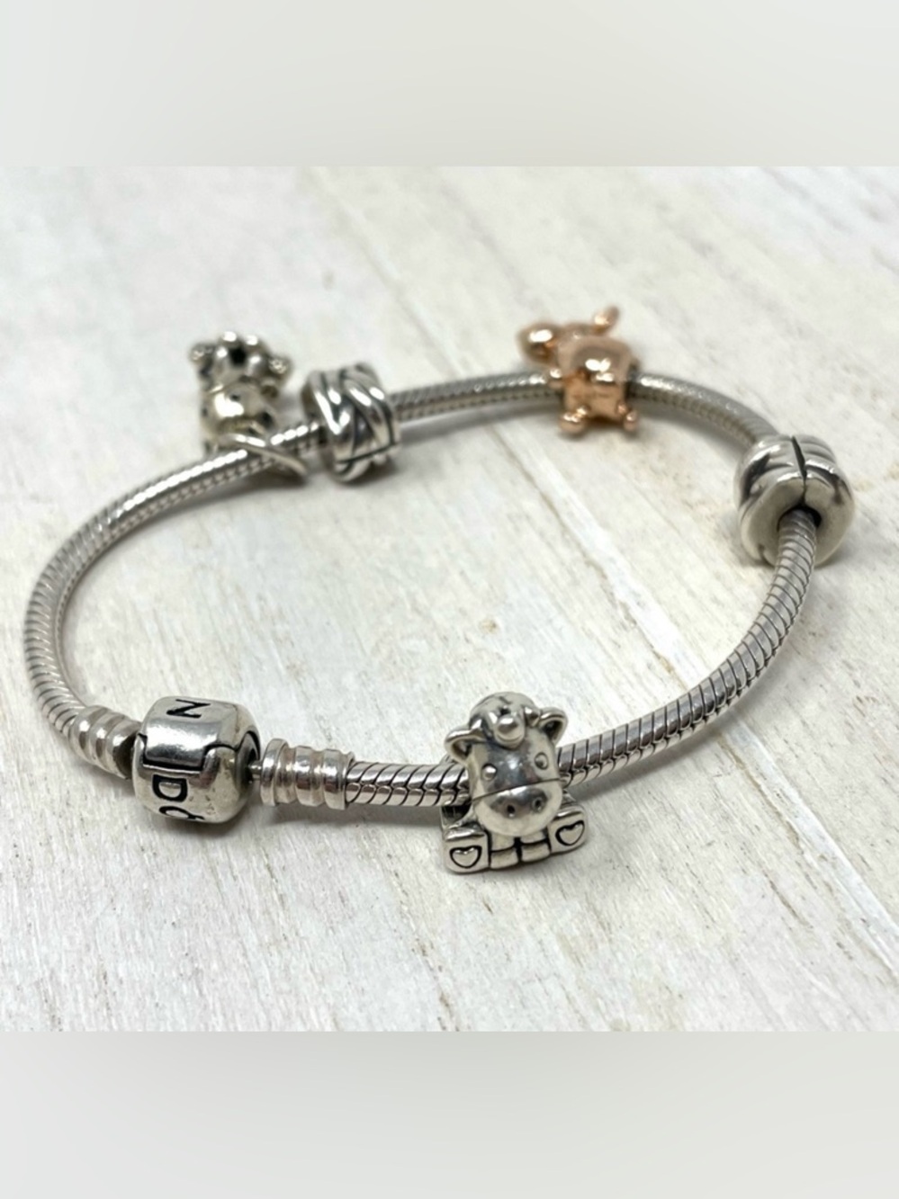 PANDORA “plush” themed 5 charms sterling silver bracelet